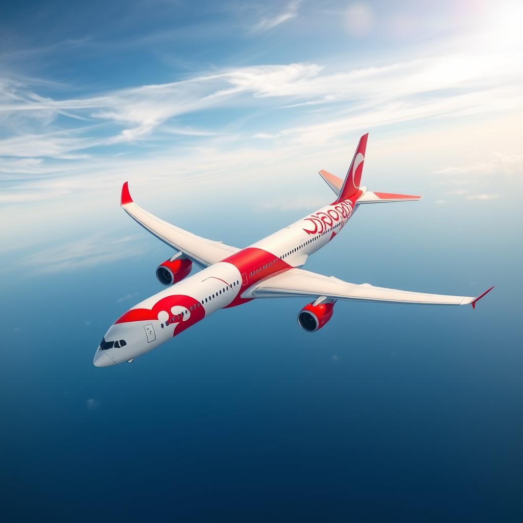 An Airbus A350-900 airplane painted in a striking red and white color scheme