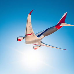 An Airbus A350-900 airplane featuring a dynamic red, white, and blue color scheme