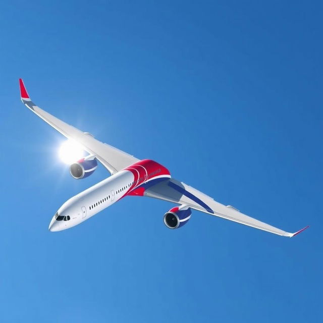 An Airbus A350-900 airplane featuring a dynamic red, white, and blue color scheme