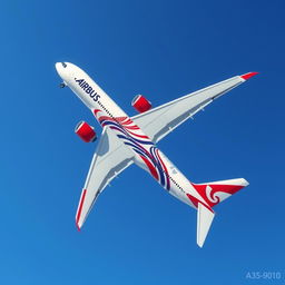 An Airbus A350-900 aircraft in a captivating livery of red, white, and blue colors