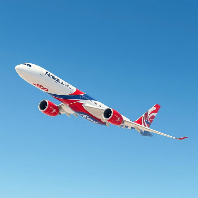 An Airbus A350-900 aircraft in a captivating livery of red, white, and blue colors