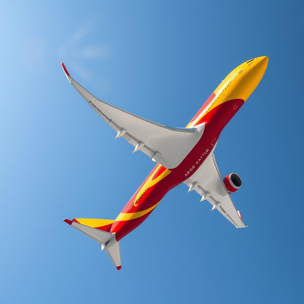 An Airbus A350-900 airplane adorned in vibrant red and yellow colors