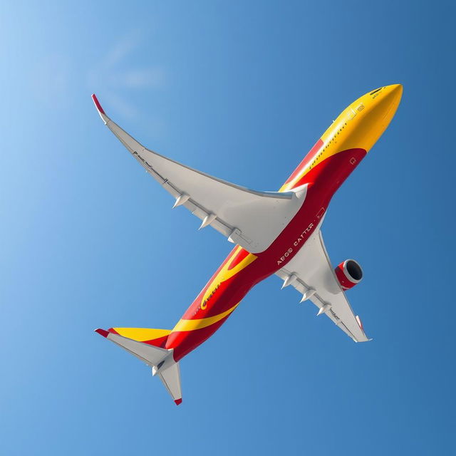 An Airbus A350-900 airplane adorned in vibrant red and yellow colors