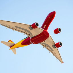 An Airbus A350-900 airplane adorned in vibrant red and yellow colors