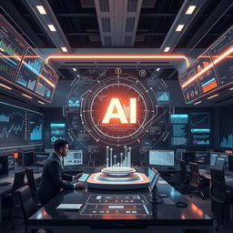 A futuristic office environment where AI holograms and digital interfaces are integrated into accounting practices