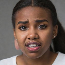 A teenage girl with features distinctly reminiscent of Steve Harvey, displaying intense emotion, with tears streaming down her face.