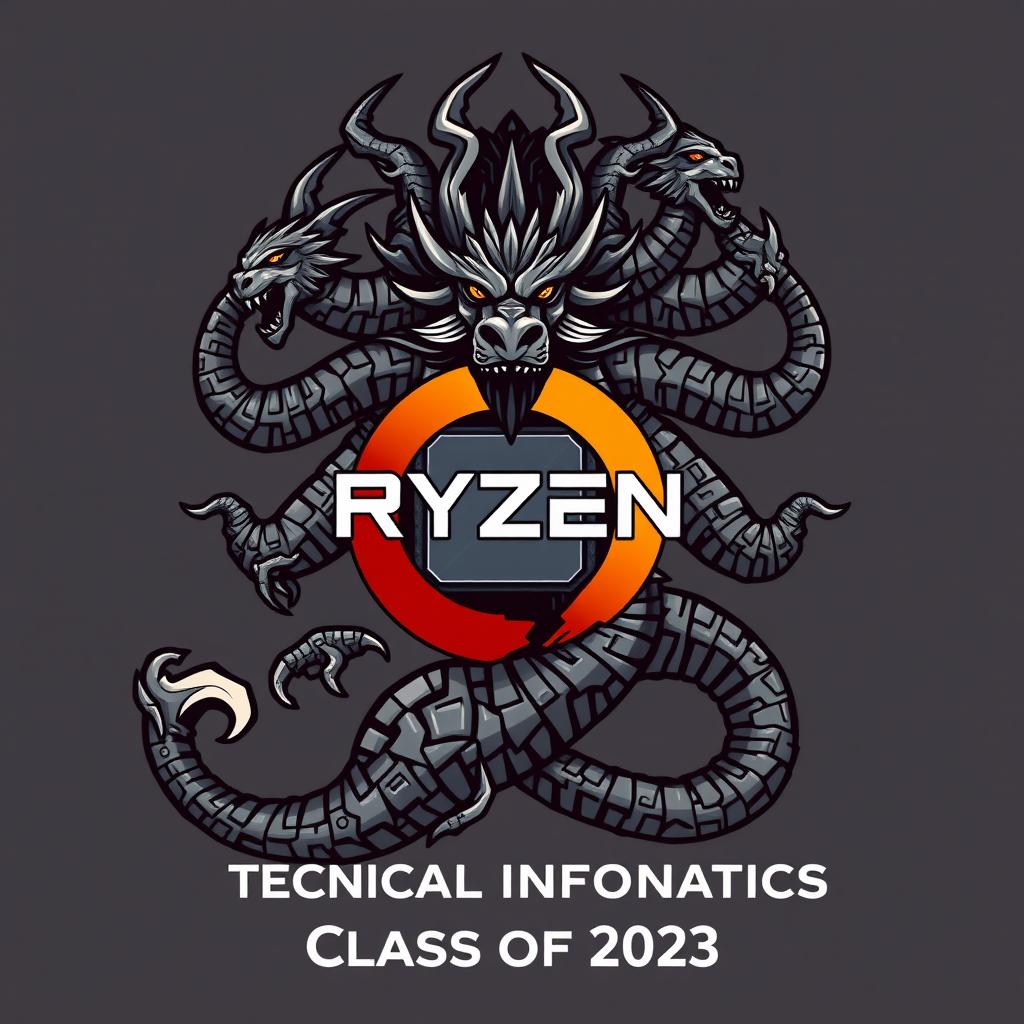 Logo for the Ryzen Technical Informatics Class of 2023 featuring elements of a Ryzen chipset combined with a nine-headed Hydra