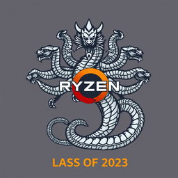 Logo for the Ryzen Technical Informatics Class of 2023 featuring elements of a Ryzen chipset combined with a nine-headed Hydra