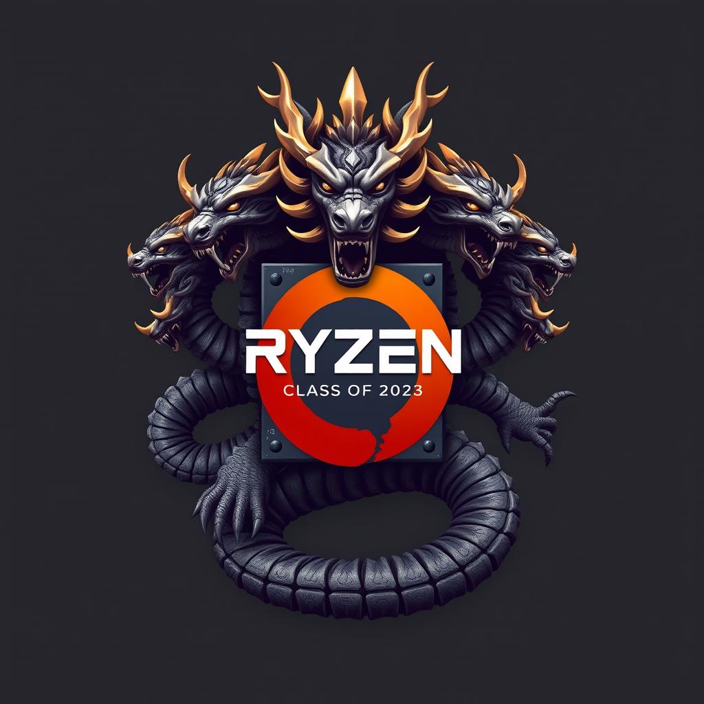 Logo for the Ryzen Technical Informatics Class of 2023 featuring elements of a Ryzen chipset combined with a nine-headed Hydra