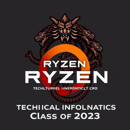 Logo for the Ryzen Technical Informatics Class of 2023 featuring elements of a Ryzen chipset combined with a nine-headed Hydra