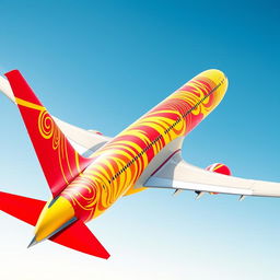 An Airbus A350-900 airplane adorned in vibrant red and yellow colors