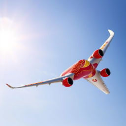 An Airbus A350-900 airplane adorned in vibrant red and yellow colors