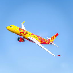 An Airbus A350-900 airplane adorned in vibrant red and yellow colors