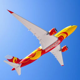 An Airbus A350-900 airplane adorned in vibrant red and yellow colors