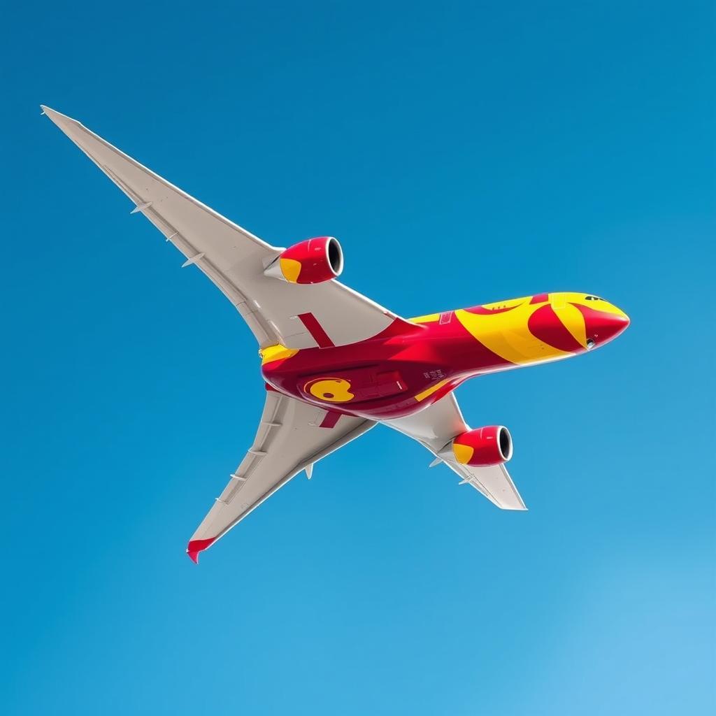 An Airbus A350-900 airplane adorned in vibrant red and yellow colors