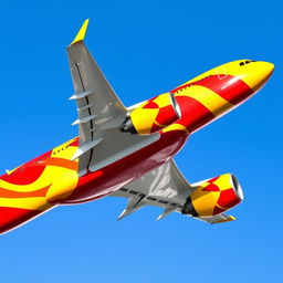 An Airbus A350-900 airplane adorned in vibrant red and yellow colors