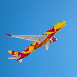 An Airbus A350-900 airplane adorned in vibrant red and yellow colors