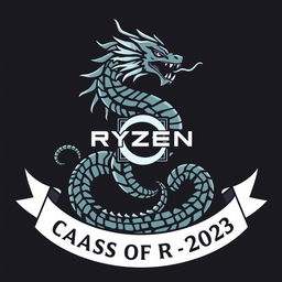 Logo for the Ryzen Technical Informatics Class of 2023 incorporating elements of a Ryzen chipset and a Hydra with one dominant head symbolizing leadership