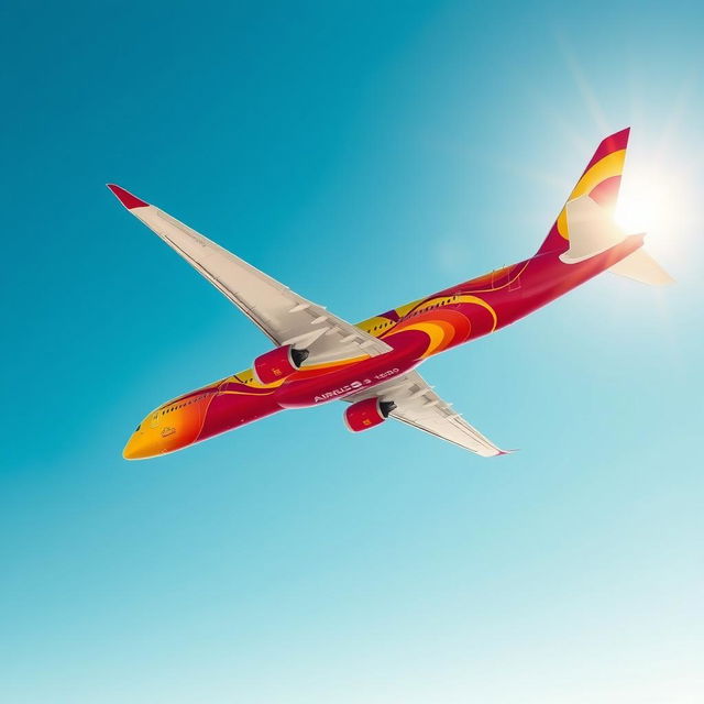 An Airbus A350-900 airplane adorned in vibrant red and yellow colors