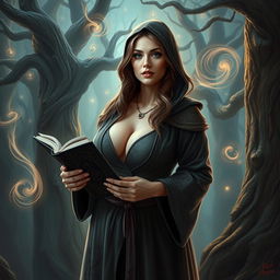 A woman with large breasts, dressed in a robe with her chest covered, wearing a hood, holding a book titled 'Magic'