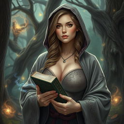 A woman with large breasts, dressed in a robe with her chest covered, wearing a hood, holding a book titled 'Magic'