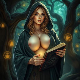 A woman with large breasts, dressed in a robe with her chest covered, wearing a hood, holding a book titled 'Magic'