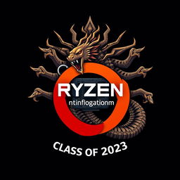 Logo for the Ryzen Technical Informatics Class of 2023 featuring elements of a Ryzen chipset and a Hydra with a body and nine heads