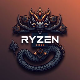 Logo for the Ryzen Technical Informatics Class of 2023 featuring elements of a Ryzen chipset and a Hydra with a body and nine heads