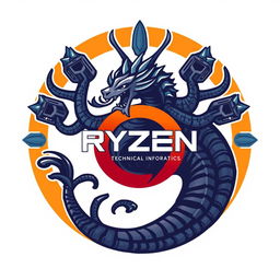 Logo for the Ryzen Technical Informatics Class of 2023 featuring elements of a Ryzen chipset and a Hydra with a body and nine heads