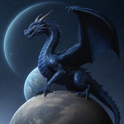 A dark blue dragon majestically perching on top of the ringed planet, Saturn