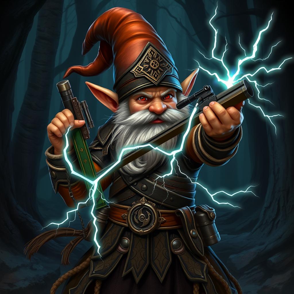 A gnome warlock wearing intricately designed leather armor, skillfully wielding a light crossbow in one hand