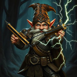 A gnome warlock wearing intricately designed leather armor, skillfully wielding a light crossbow in one hand