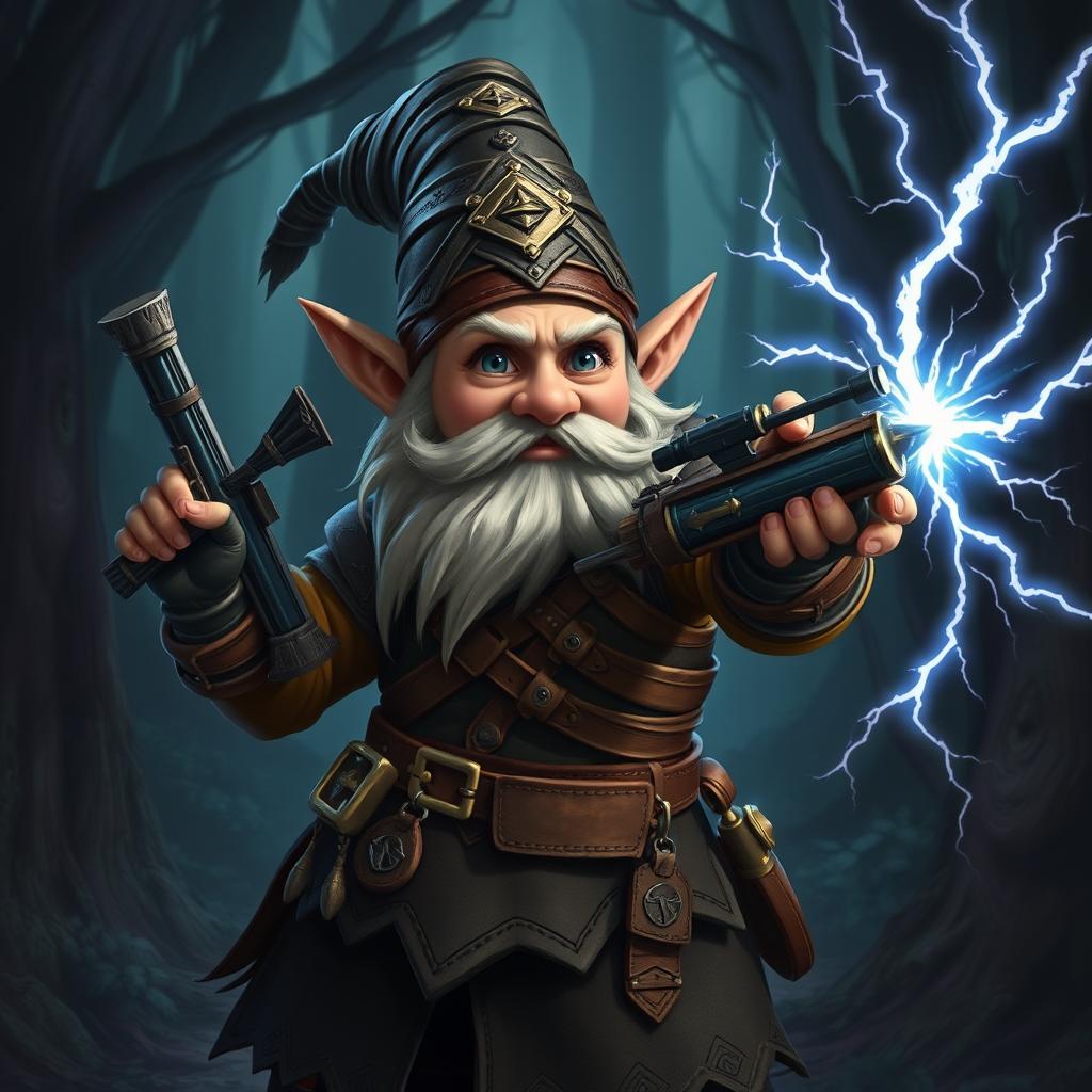 A gnome warlock wearing intricately designed leather armor, skillfully wielding a light crossbow in one hand