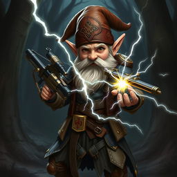 A gnome warlock wearing intricately designed leather armor, skillfully wielding a light crossbow in one hand