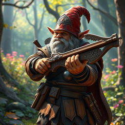 A Gnome Warlock clad in intricately designed leather armor, holding a crossbow