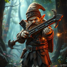 A Gnome Warlock clad in intricately designed leather armor, holding a crossbow