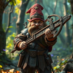 A Gnome Warlock clad in intricately designed leather armor, holding a crossbow