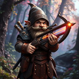 A Gnome Warlock clad in intricately designed leather armor, holding a crossbow