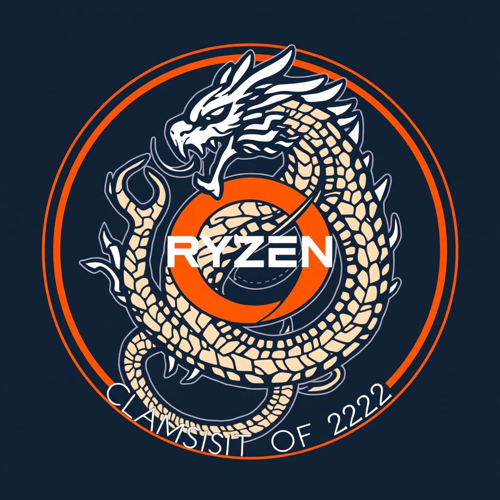 Logo for the Ryzen Technical Informatics Class of 2023 featuring a stylized Ryzen chipset integrated with a Hydra having a total of nine heads, where one head stands out as the leader