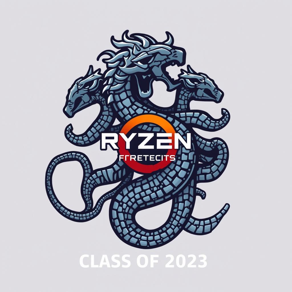 Logo for the Ryzen Technical Informatics Class of 2023 featuring a stylized Ryzen chipset integrated with a Hydra having a total of nine heads, where one head stands out as the leader