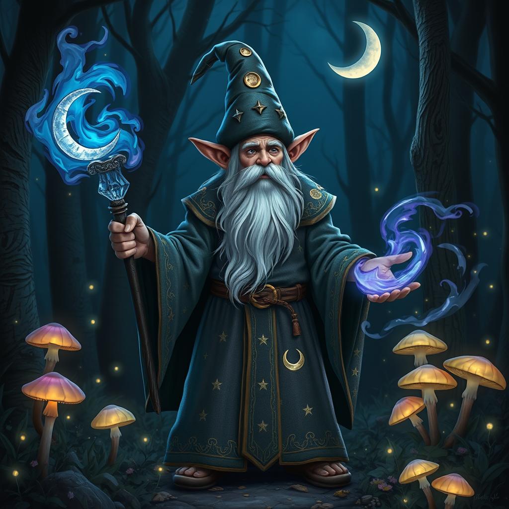 A mystical gnome warlock, standing in an enchanted forest