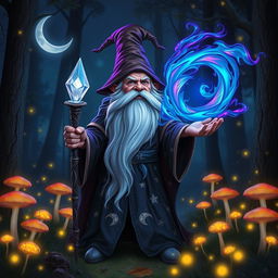 A mystical gnome warlock, standing in an enchanted forest