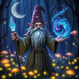 A mystical gnome warlock, standing in an enchanted forest