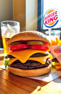 A delicious, mouth-watering Burger King cheeseburger with a perfectly cooked beef patty, melting cheddar cheese, fresh lettuce, juicy tomatoes, crisp pickles, and a soft sesame seed bun, placed on a wooden table