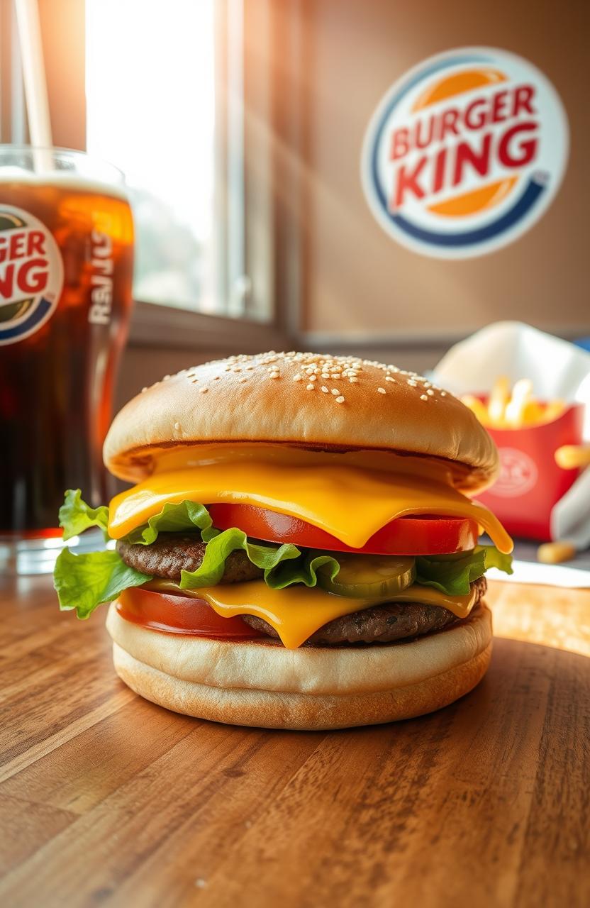 A delicious, mouth-watering Burger King cheeseburger with a perfectly cooked beef patty, melting cheddar cheese, fresh lettuce, juicy tomatoes, crisp pickles, and a soft sesame seed bun, placed on a wooden table