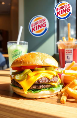A delicious, mouth-watering Burger King cheeseburger with a perfectly cooked beef patty, melting cheddar cheese, fresh lettuce, juicy tomatoes, crisp pickles, and a soft sesame seed bun, placed on a wooden table