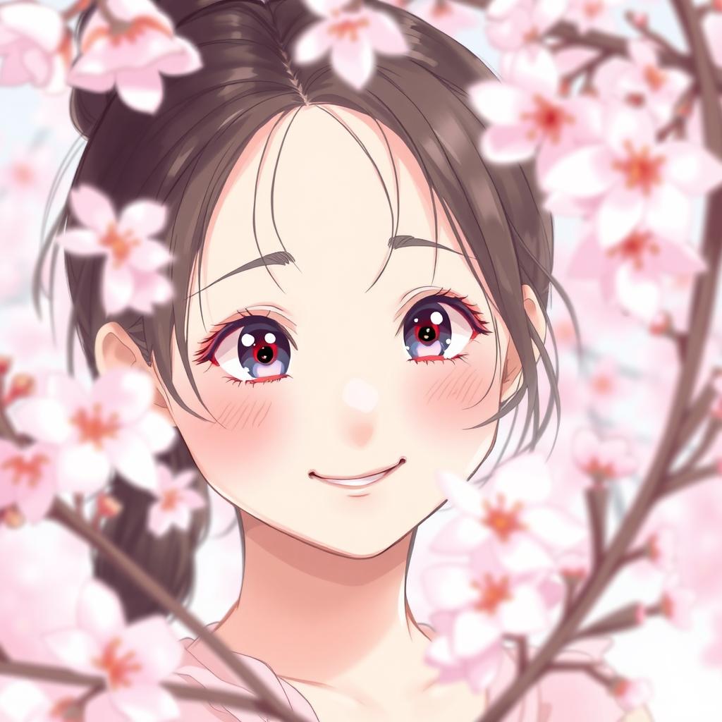 A happy and pretty girl with subtle blushing, capturing a sense of shyness, surrounded by beautiful cherry blossoms