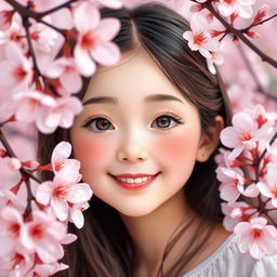 A happy and pretty girl with subtle blushing, capturing a sense of shyness, surrounded by beautiful cherry blossoms