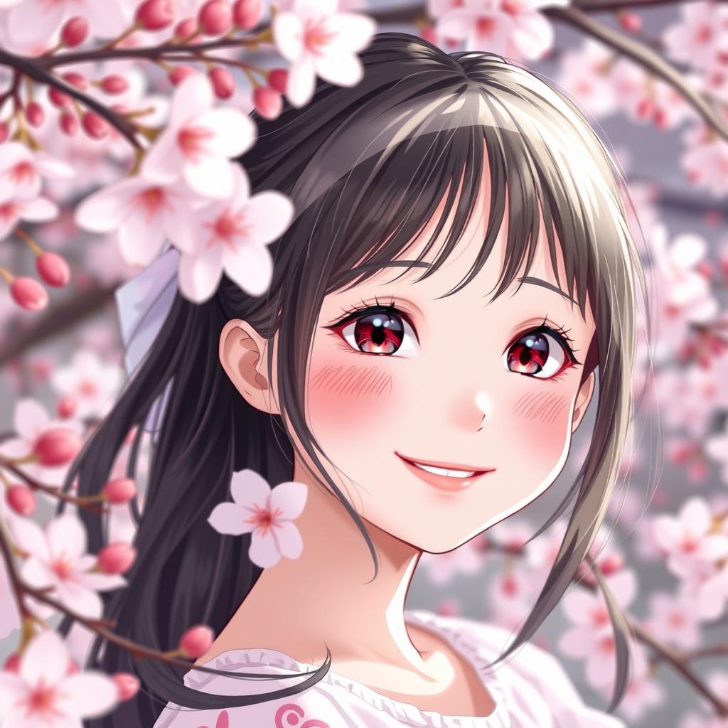 A happy and pretty girl with subtle blushing, capturing a sense of shyness, surrounded by beautiful cherry blossoms