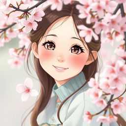 A happy and pretty girl with subtle blushing, capturing a sense of shyness, surrounded by beautiful cherry blossoms